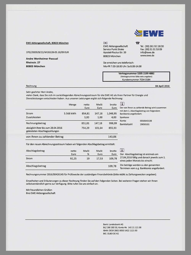 欧盟|Germany EWE Energy Utility Bills德国水电费账单PSD/PS模板