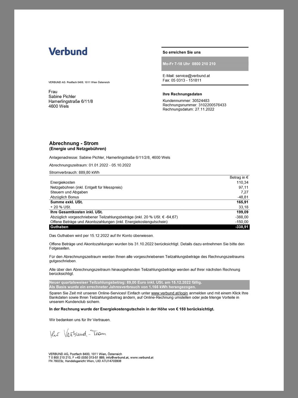 Austria Verbund Energy Utility Bill奥地利水电费账单pdf模板