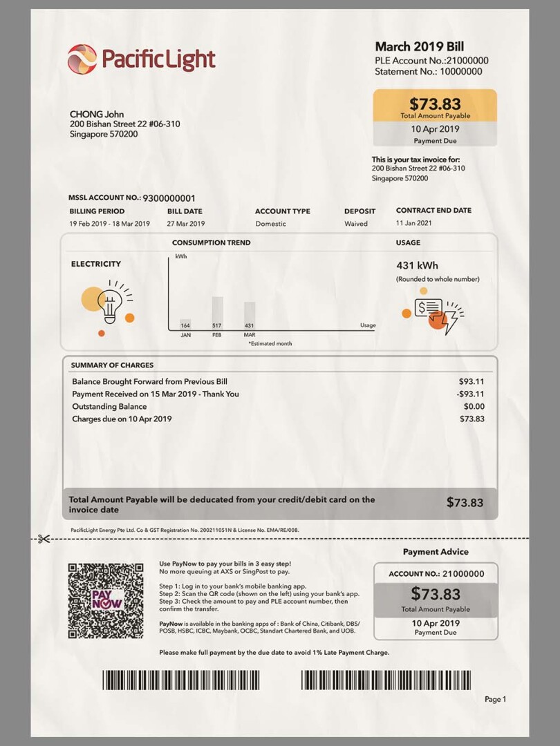 东南亚|Singapore Pacific Light Invoice新加坡宽带/话费账单PS/PSD模板