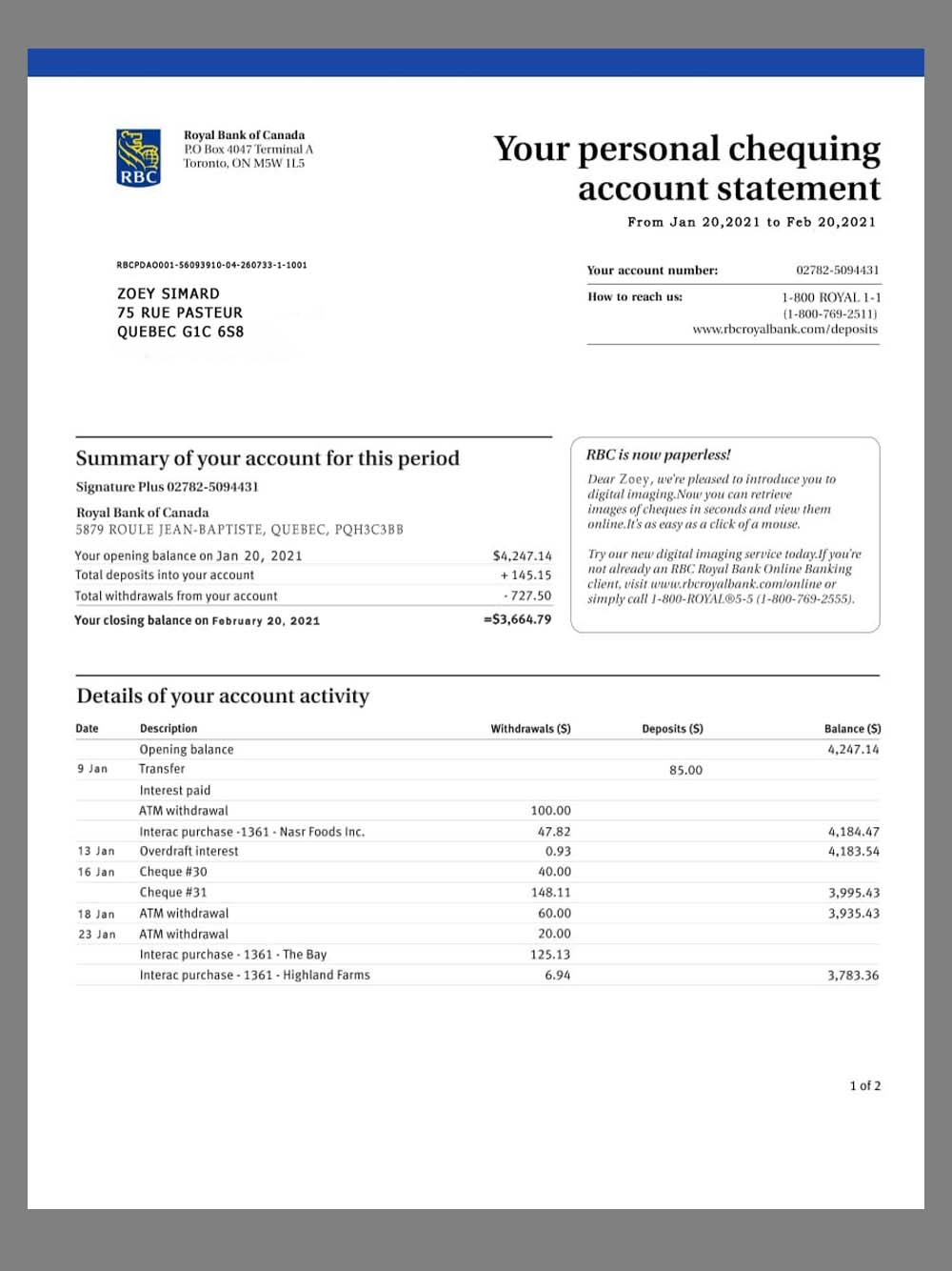 Royal Bank of Canada Statement加拿大皇家银行账单PS/PSD模板