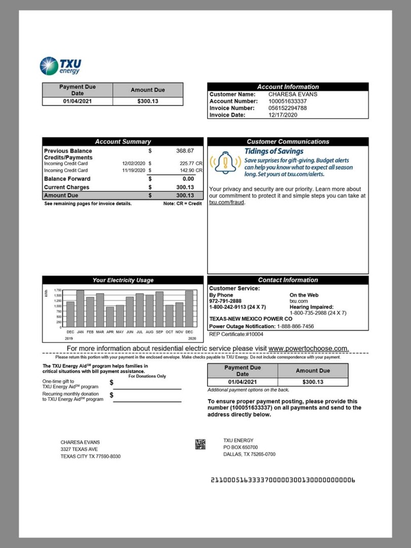 USA Texas TXU Energy Utility Bills美国德克萨斯州水电费账单word/pdf模板