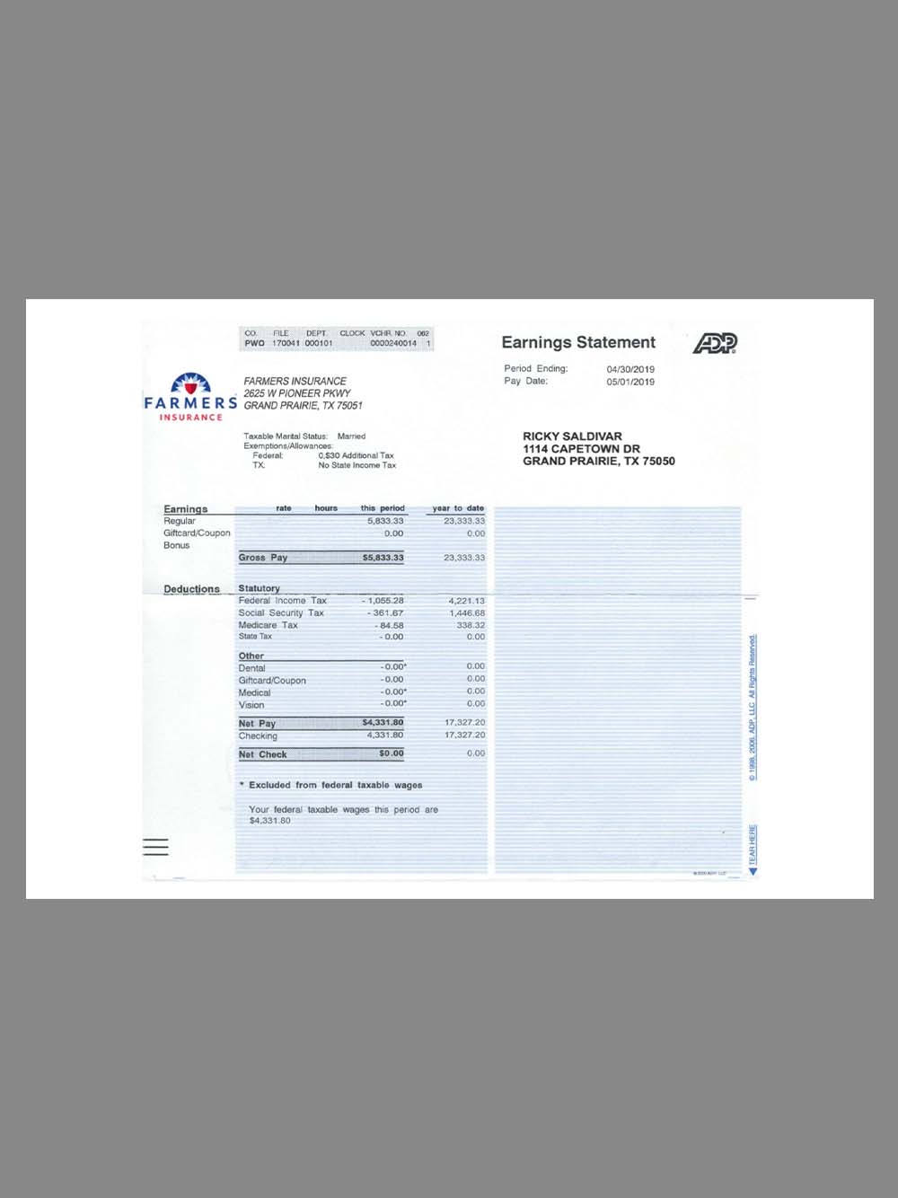 Farmers Insurance Paystub template保险公司收入证明/工资账单PDF模板