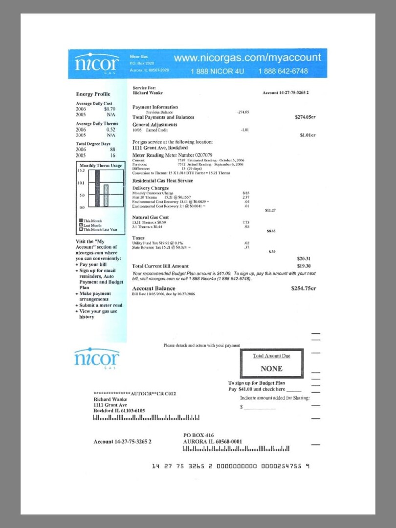 美国USA Illinois Nicor Gas Utility Bills水电费账单/KYC地址证明pdf模板