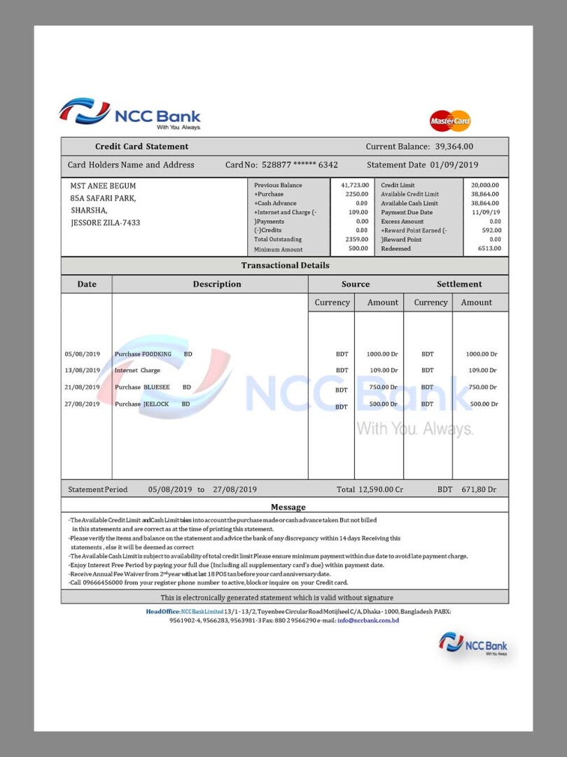 孟加拉Bangladesh NCC BANK Statement银行账单/KYC地址证明word模板