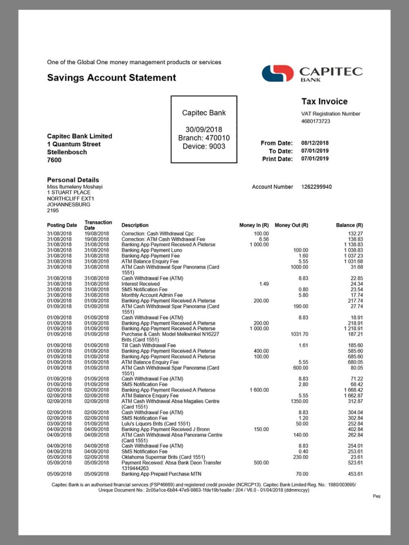 非洲|南非South Africa Capitec Bank Statement银行账单/KYC地址证明word模板