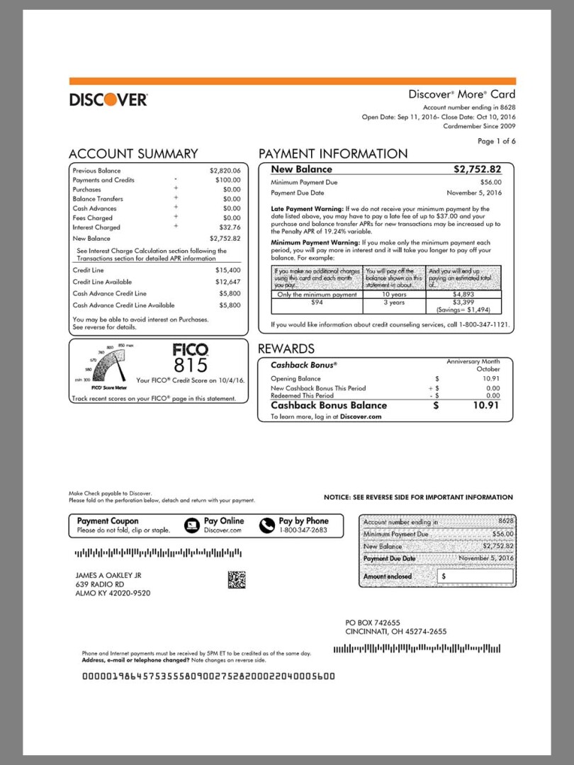 美国Discover Bank Statement银行账单/KYC地址证明pdf模板