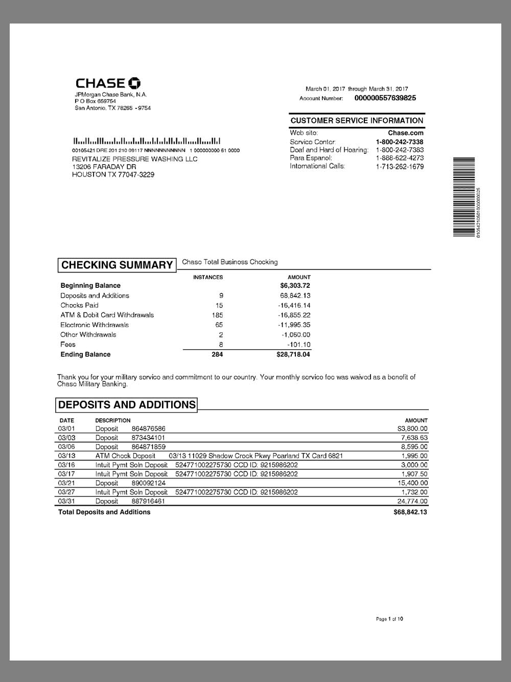 USA Chase Bank Firm Account Business Statement摩根大通企业银行账单pdf模板