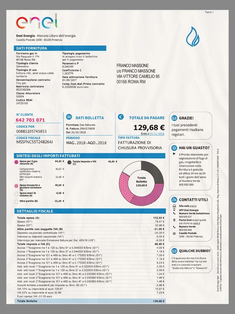 欧盟|Italy Enel Utility Bills意大利电力公司水电费账单PSD/PS模板