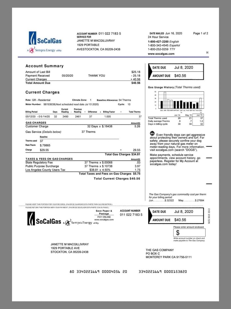 美国USA California SoCalGas Utility Bills水电费账单/KYC地址证明pdf模板