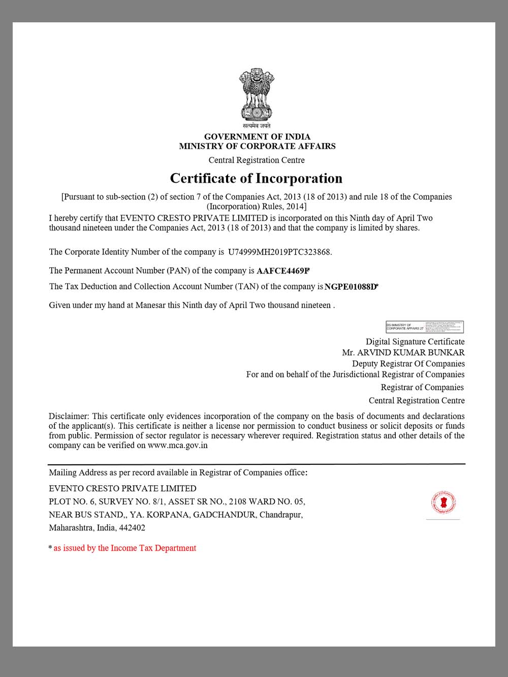 Indian Company Certificate印度企业营业执照pdf模板