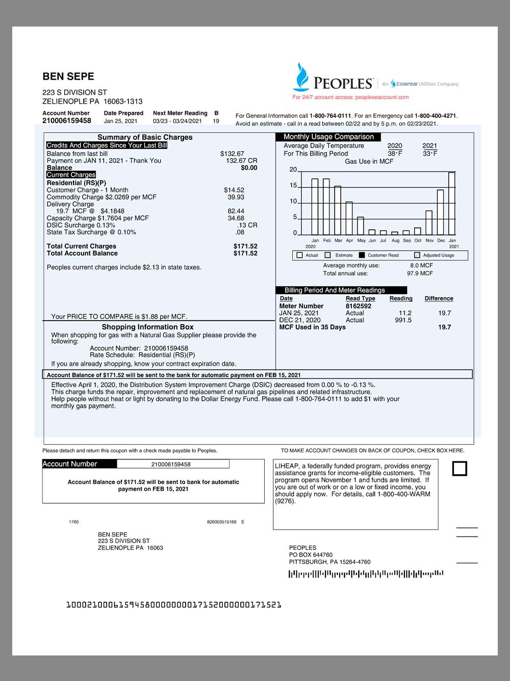 USA Pennsylvania Peoples Gas Utility Bill美国宾夕法尼亚水电费账单pdf&word模板