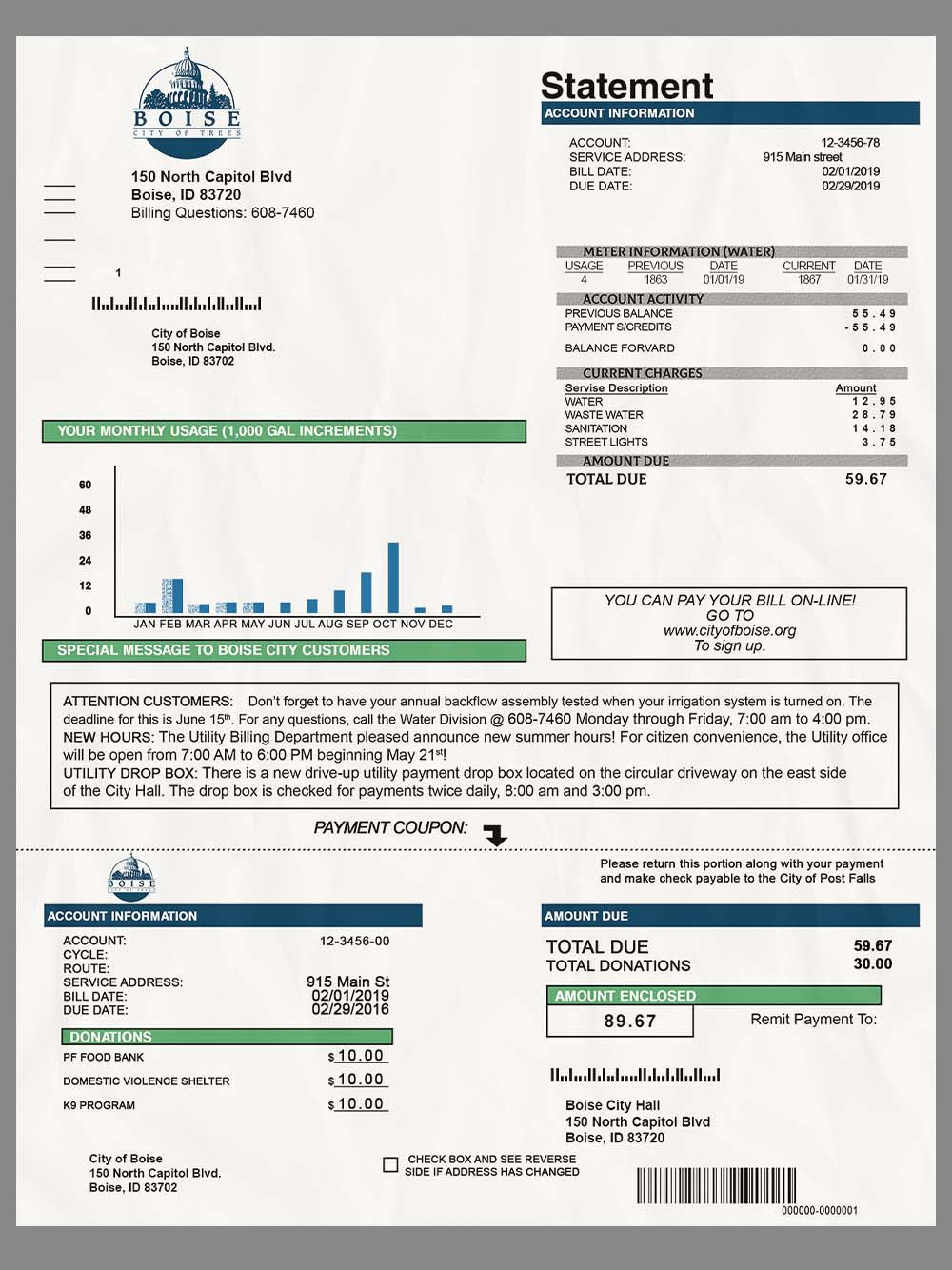 USA Idaho Boise Water Bills美国爱达荷水电费账单/KYC地址证明PS/PSD模板