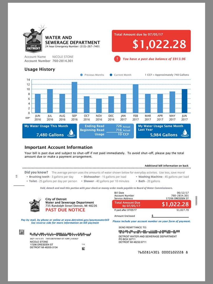 USA Michigan Detroit DWSD Utility Bills美国密歇根州底特律水电费账单pdf模板