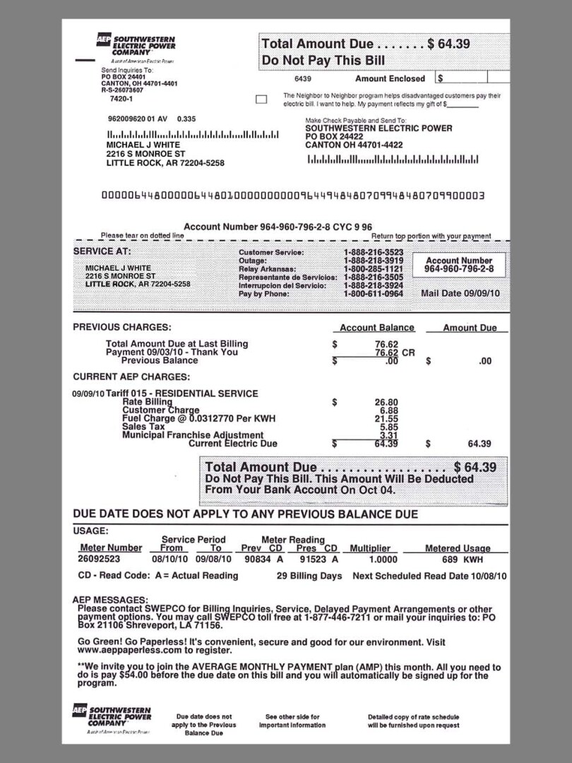 美国USA Arkansas Southwestern Electric Power Utility Bills水电费账单/KYC地址证明psd模板