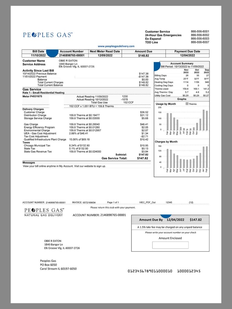 北美|USA Illinois Peoples Gas Utility Bills美国伊利诺伊州水电费账单word/pdf模板