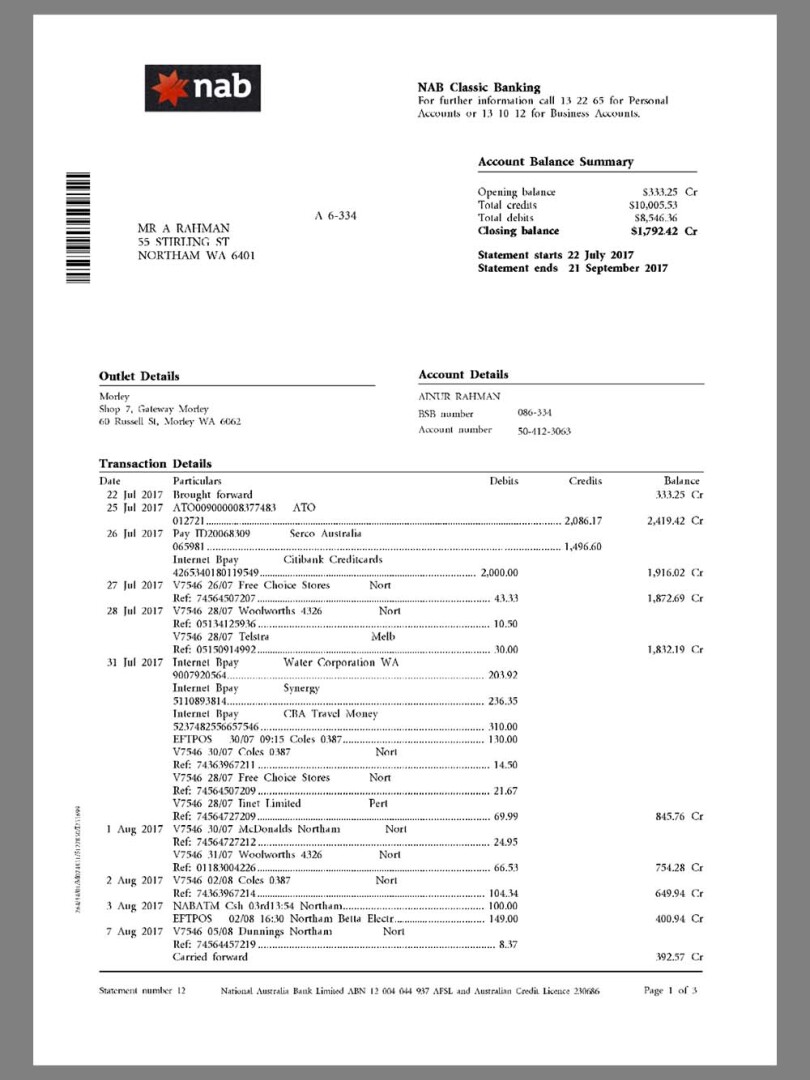 澳大利亚National Australia Bank Statement银行账单/KYC地址证明pdf模板