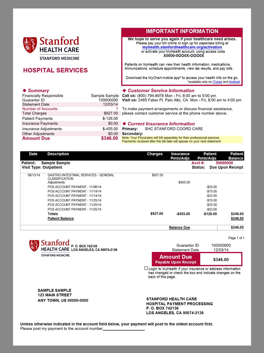 USA California Stanford Hospital Service Billing美国加州斯坦福医院账单word模板