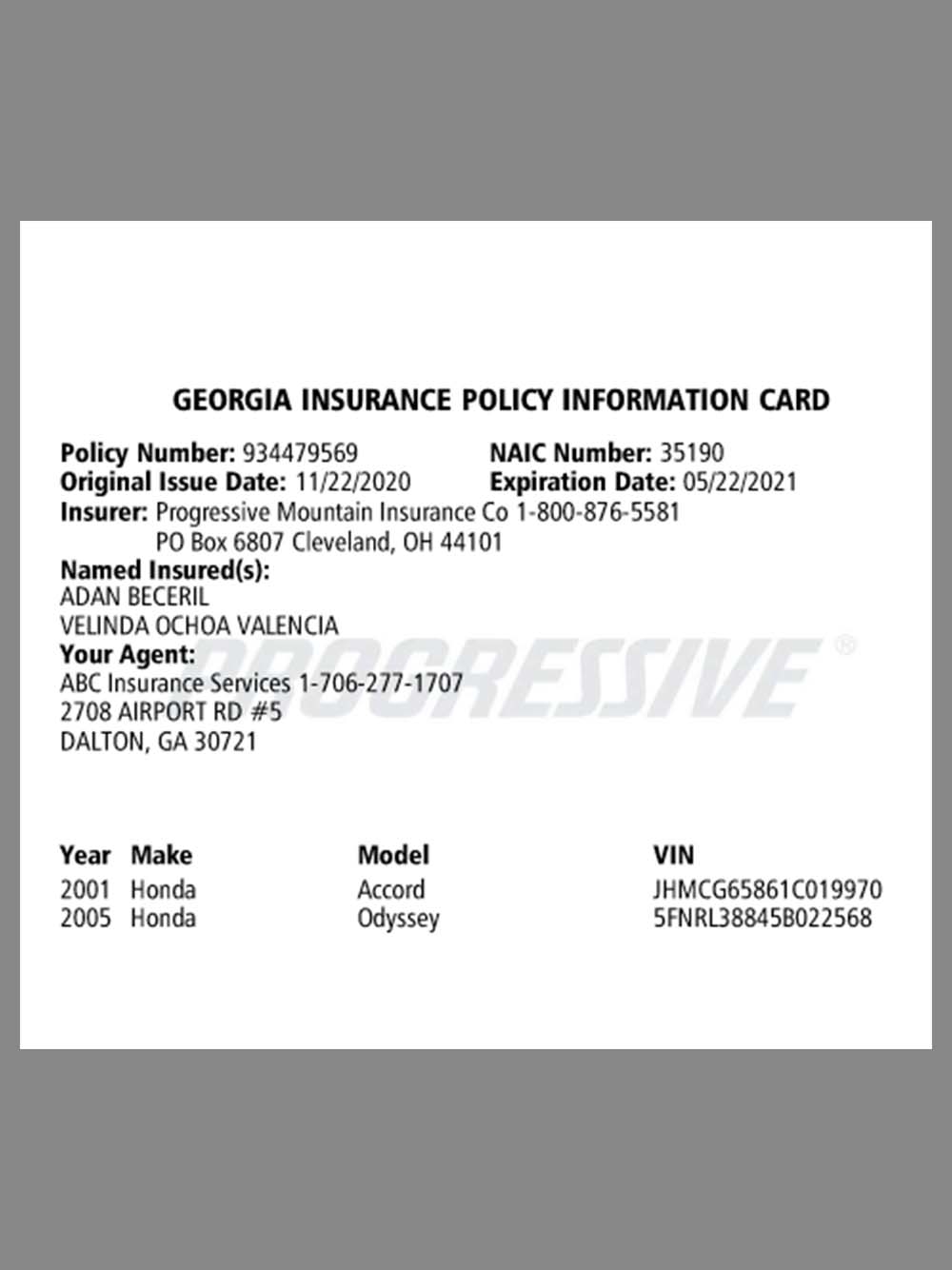 USA Georgia Auto Insurance Policy Infomation Card美国乔治亚州车辆保险政策信息卡pdf模板