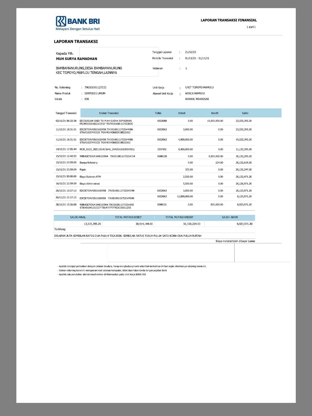 Indonesia BRI Bank Statement印度尼西亚银行账单word模板