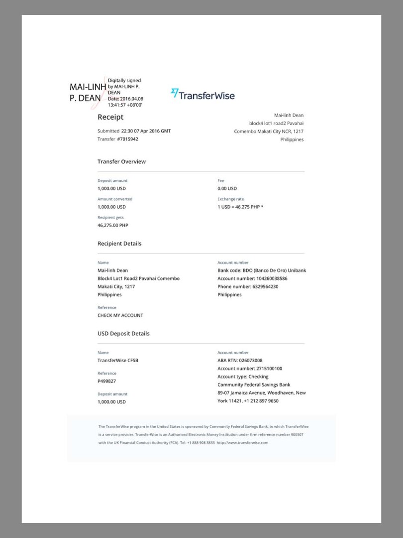 Transferwise/Wise Receipt Statement银行账单/KYC地址证明pdf模板