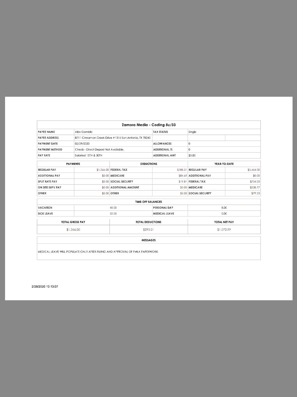 Spain Zamora Media Paystub Template西班牙娱乐公司收入证明/工资账单PDF模板