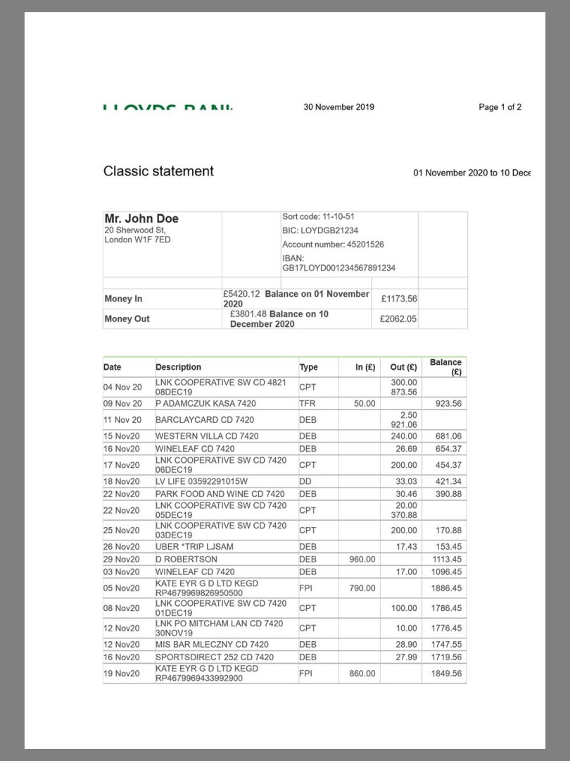 英国UK|USA Lloyds Bank Statement银行账单/KYC地址证明word模板