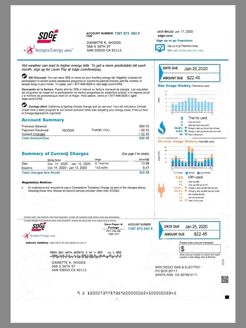 USA SDGE(Sempra Energy) Utility Bills美国水电费账单word/pdf模板