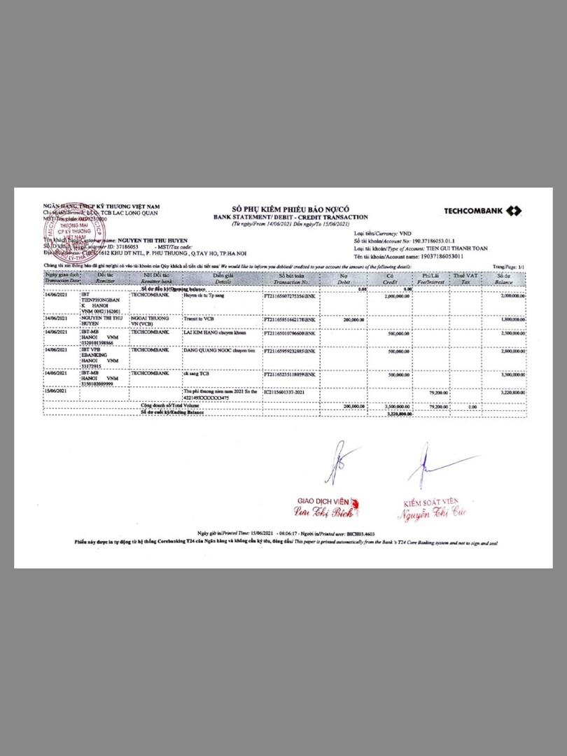 东南亚|越南Vietnam Techcombank Statement银行账单/KYC地址证明pdf模板