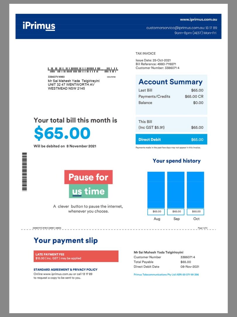 澳洲|Australia Iprimus澳大利亚话费账单/水电费账单word/pdf模板
