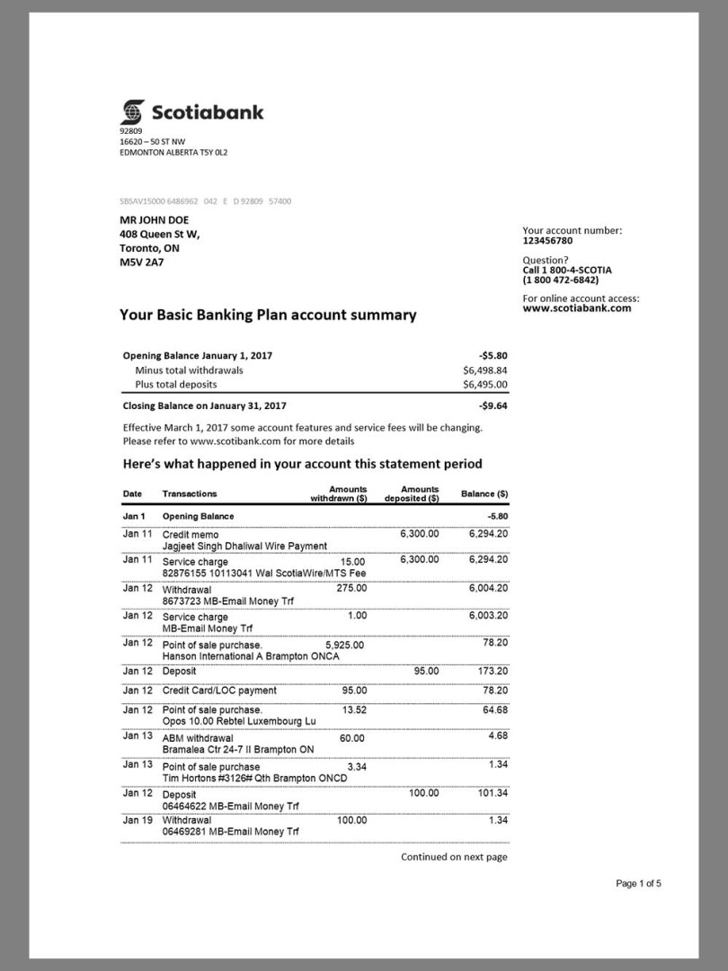 加拿大Canada Scotiabank Bank Statement银行账单/KYC地址证明word模板