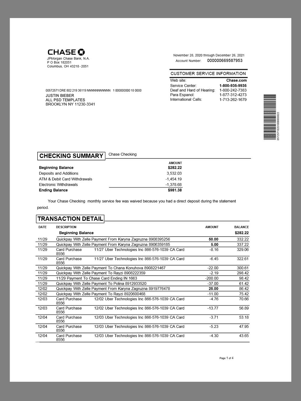 JPMorgan Chase Bank Statement摩根大通银行账单pdf模板