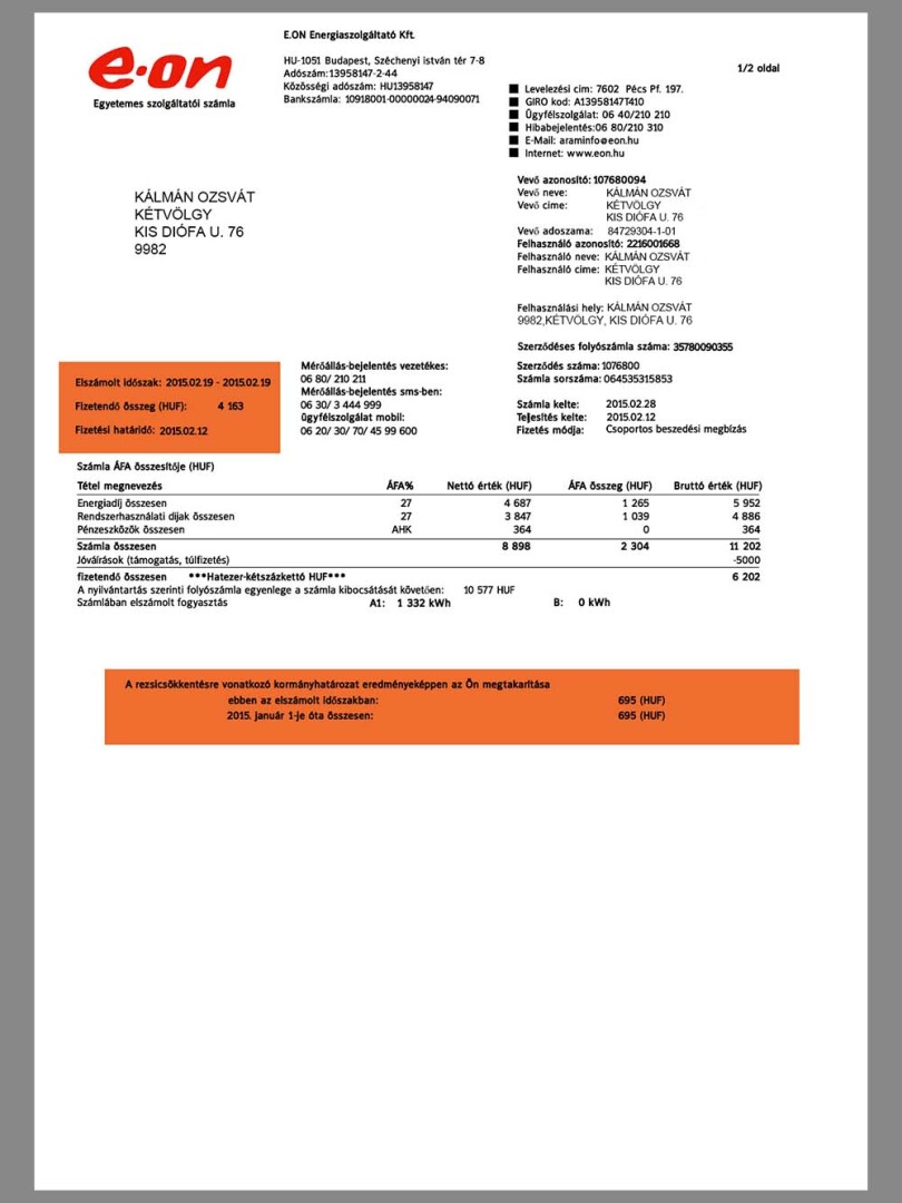 欧盟|Hungary E.ON Utility Bills匈牙利水电费账单/KYC地址证明psd/ps模板