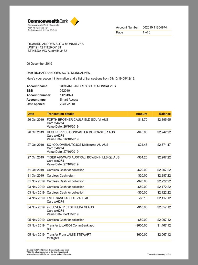 澳大利亚联邦银行Commonwealth Bank Statement V2银行账单/KYC地址证明word/pdf模板