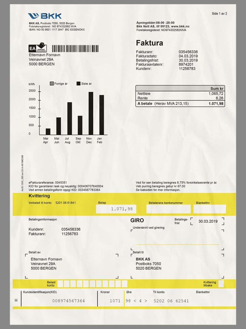 欧盟|北欧Norway BKK Utility Bills挪威水电费账单/KYC地址证明PS/PSD模板