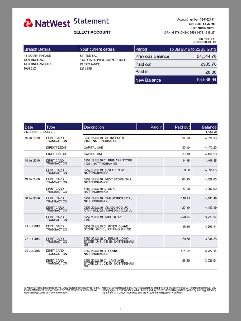 英国NatWest Bank Statement银行账单/KYC地址证明word模板