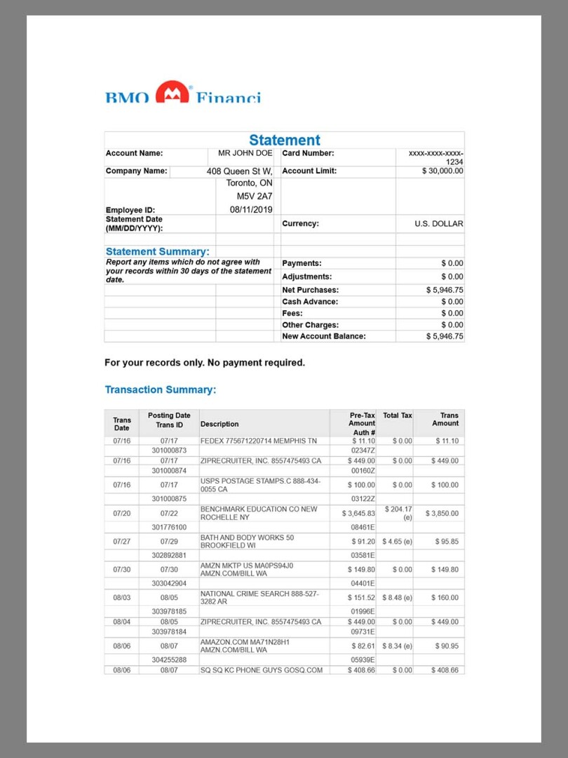 BMO Bank Statement银行账单/KYC地址证明word模板