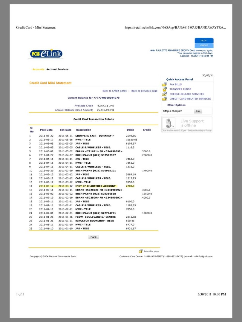 中美|牙买加Jamaica Ncbelink Credit Card Mini Statement银行账单/KYC地址证明pdf/word模板