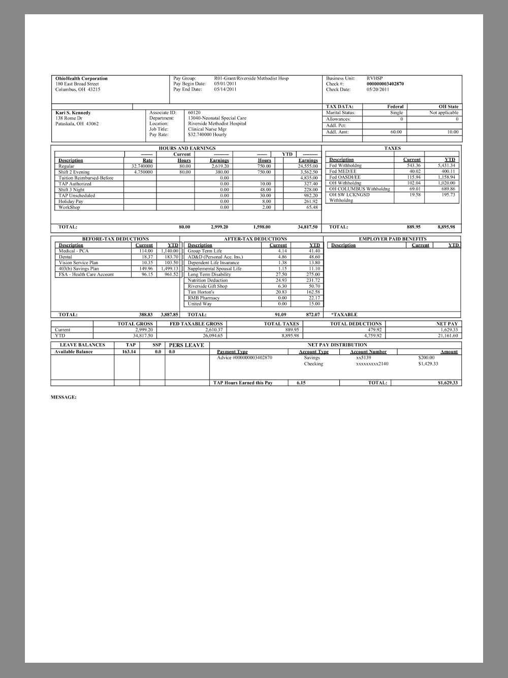 USA OhioHealth Corporation Paystub美国俄亥俄医院收入证明/工资账单PDF模板