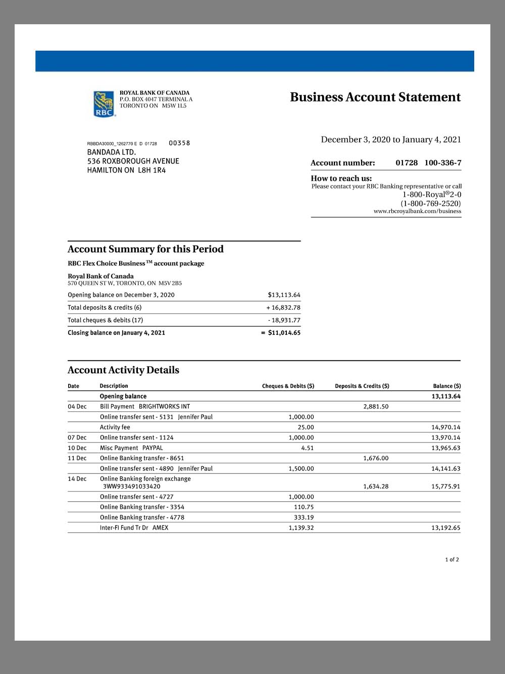 Royal Bank of Canada Business Account Statement加拿大皇家银行企业账单pdf模板