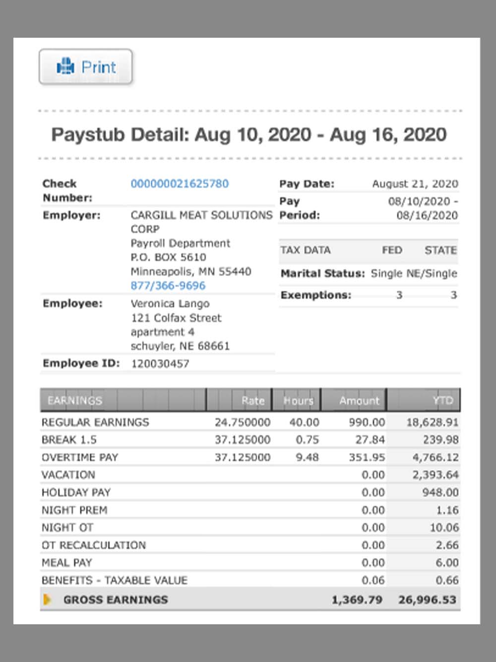 Cargill Meat Solutions Paystub template美国肉厂收入证明/工资账单PDF模板