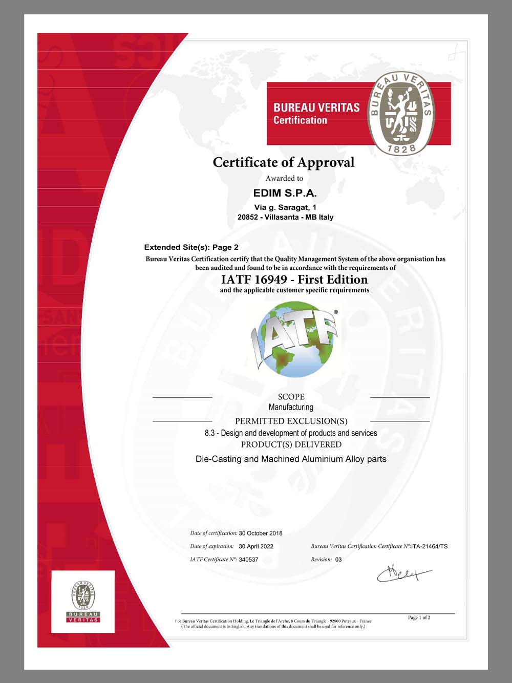 Bureau Veritas Certification(Quality Management System)博纳认证质量管理系统合格证书pdf模板