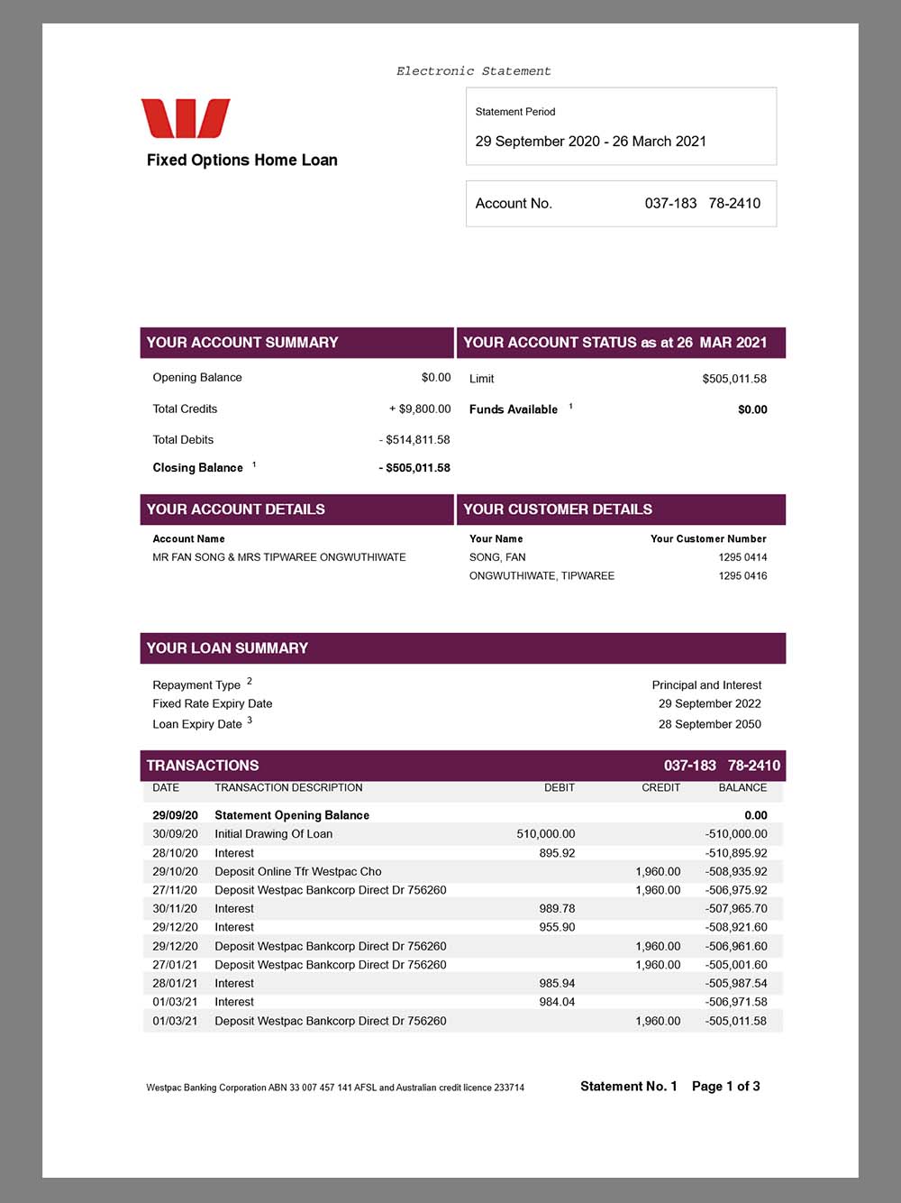 Fixed Options Home Loan Electronic Statement pdf美国还房贷账单模板