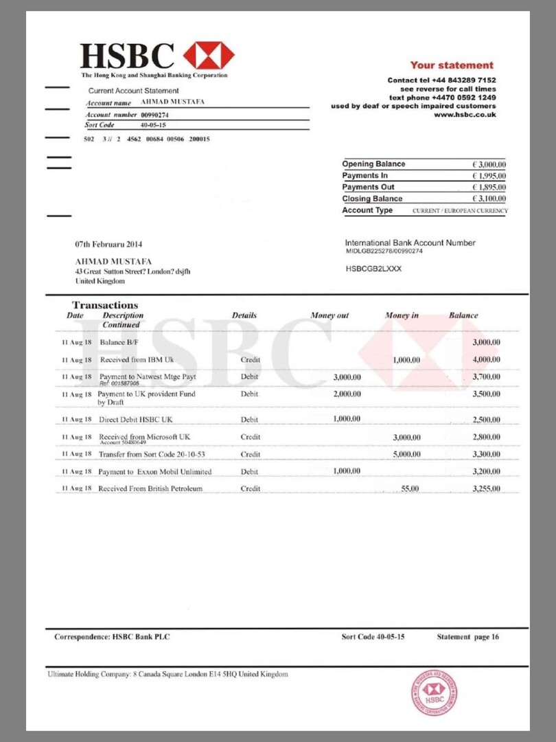 汇丰HSBC Bank Statement银行账单/KYC地址证明psd模板 V2