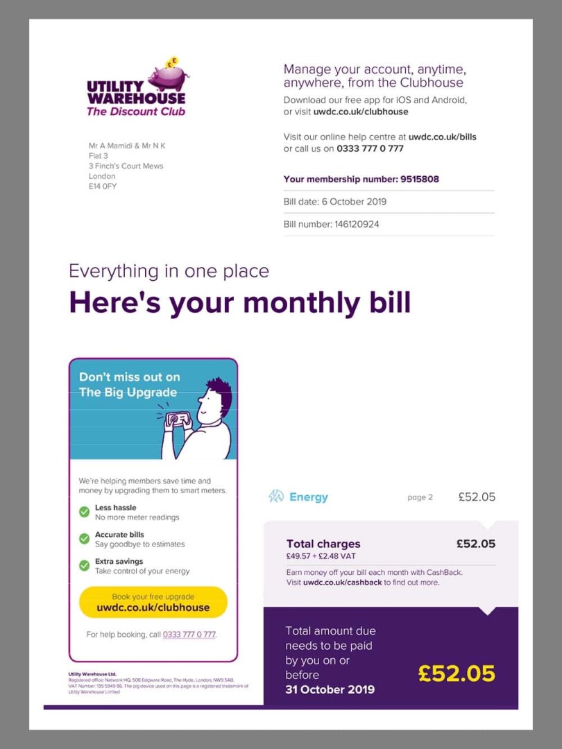 英国UK WareHouse Energy Utility Bills水电费账单/KYC地址证明pdf模板