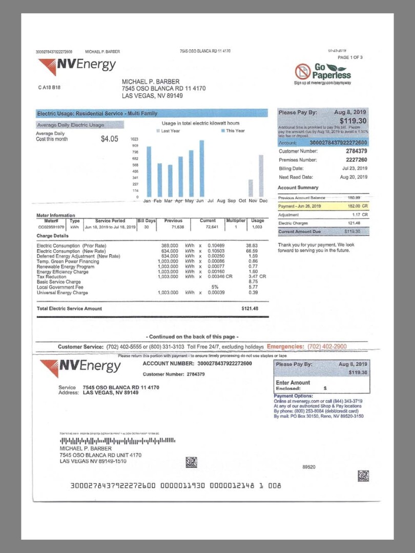 美国USA Nevada NVEnergy Utility Bills水电费账单/KYC地址证明pdf模板