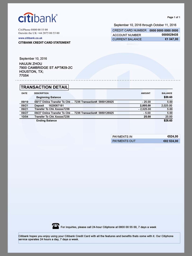 美国花旗Citibank Bank Statement银行账单/KYC地址证明psd模板