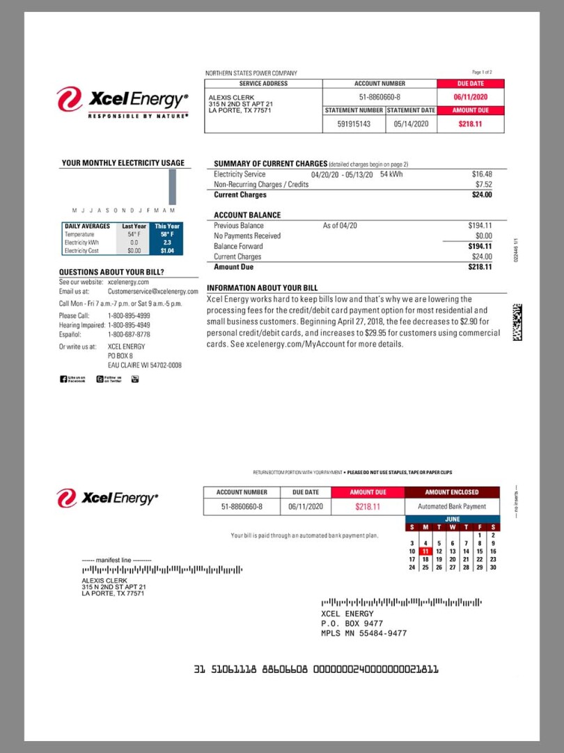 USA Xcel Energy Utility Bills美国水电费账单/KYC地址证明word/pdf模板