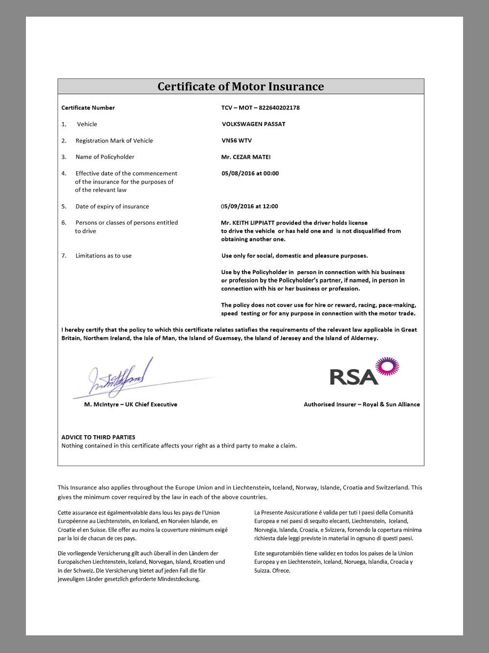 UK Certificate of Motor Insurance英国机动车保险证书pdf模板