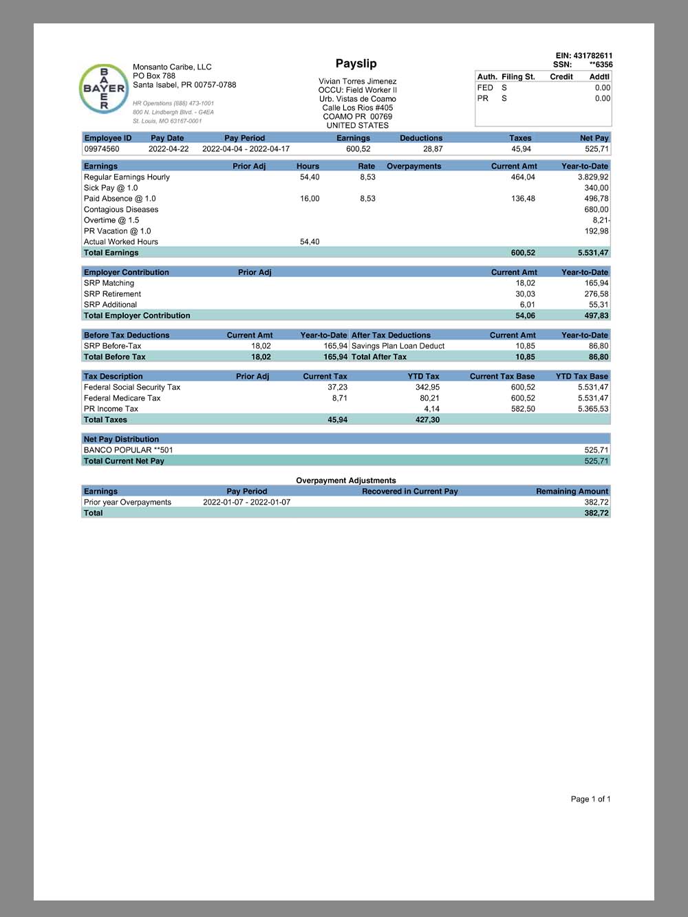 Bayer Monsanto Caribe Paystub template拜尔公司收入证明/工资账单PDF模板