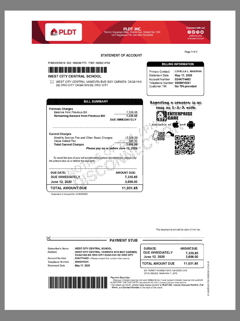 Philippines PLDT Business Telecom(Internet) Bills菲律宾企业电信账单pdf模板